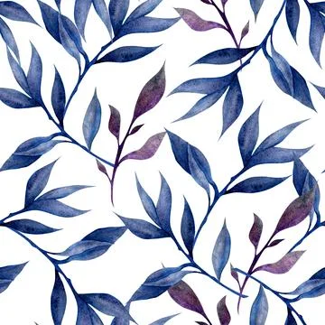 A seamless watercolor pattern featuring purple and blue leaves on a white bac Stock Illustration