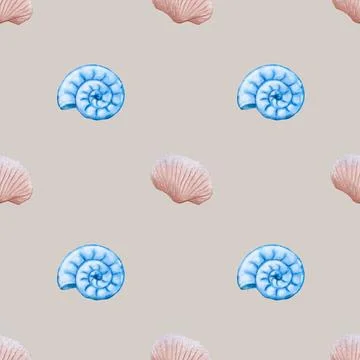 Seamless watercolor pattern featuring shell motifs on neutral background Stock Photos