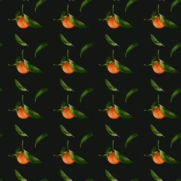 Seamless watercolor pattern featuring tangerines with green leaves on a dar.. Stock Illustration