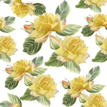 A seamless watercolor pattern featuring yellow roses, lush green leaves and p Stock Illustration
