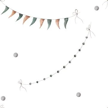 Seamless watercolor pattern with flags and garlands grey. beautiful retro Stock Illustration