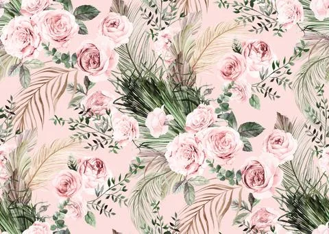 Seamless watercolor pattern with flowers of delicate roses and dry branches and Stock Illustration