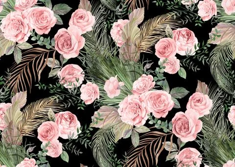 Seamless watercolor pattern with flowers of delicate roses and dry branches and Stock Illustration