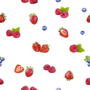Seamless watercolor pattern with fresh berries on white ideal for summer and Illustrazione stock