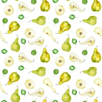 Seamless watercolor pattern of green pears, sliced cloves, leaves. Stock Illustration