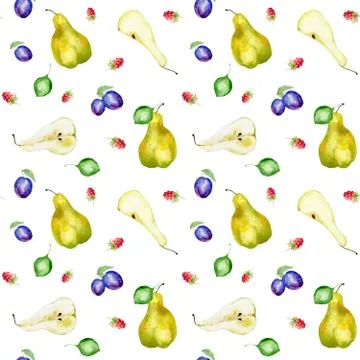 Seamless watercolor pattern of green pears, sliced cloves, raspberries, plums Stock Illustration