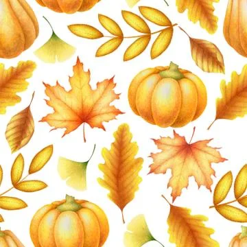 Seamless watercolor pattern with hand drawn autumn branches, leaves and pumpk Illustrazione stock
