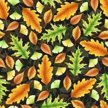Seamless watercolor pattern with hand drawn autumn leaves isolated on black b Stock Illustration
