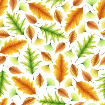 Seamless watercolor pattern with hand drawn autumn leaves isolated on white b Stock Illustration