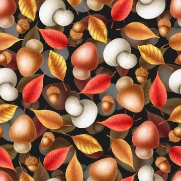 Seamless watercolor pattern with hand drawn autumn leaves, mushrooms and acor Stock Illustration