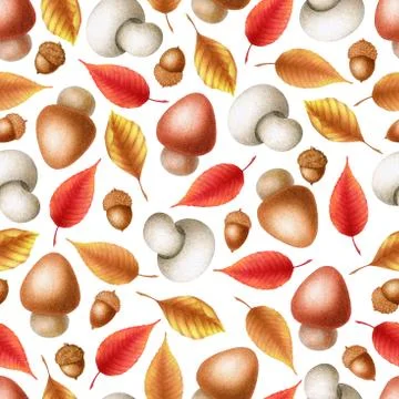 Seamless watercolor pattern with hand drawn autumn leaves, mushrooms and acor Stock Illustration