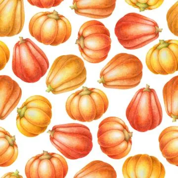 Seamless watercolor pattern with hand drawn colorful pumpkins isolated on whi Stock Illustration