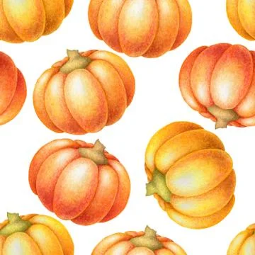 Seamless watercolor pattern with hand drawn colorful pumpkins isolated on whi Stock Illustration