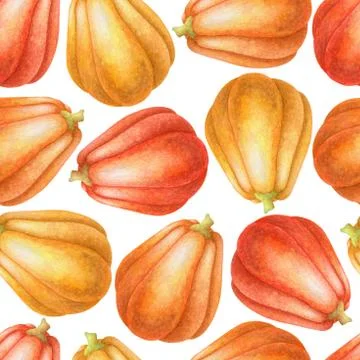 Seamless watercolor pattern with hand drawn colorful pumpkins isolated on whi Stock Illustration