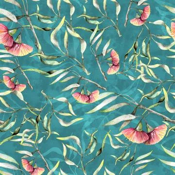 Seamless watercolor pattern with hand drawn pink birds on eucalyptus twigs wi Stock Illustration