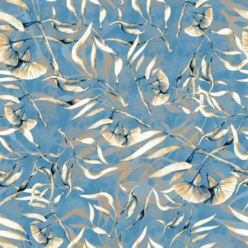 Seamless watercolor pattern with hand drawn pink birds on eucalyptus twigs wi Stock Illustration