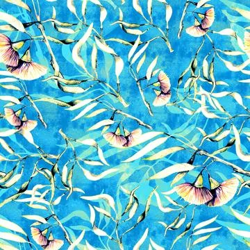 Seamless watercolor pattern with hand drawn pink birds on eucalyptus twigs wi Stock Illustration