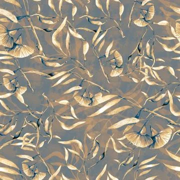 Seamless watercolor pattern with hand drawn pink birds on eucalyptus twigs wi Stock Illustration