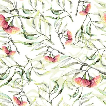 Seamless watercolor pattern with hand drawn pink birds on eucalyptus twigs wi Stock Illustration