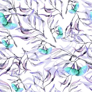 Seamless watercolor pattern with hand drawn pink birds on eucalyptus twigs wi Stock Illustration