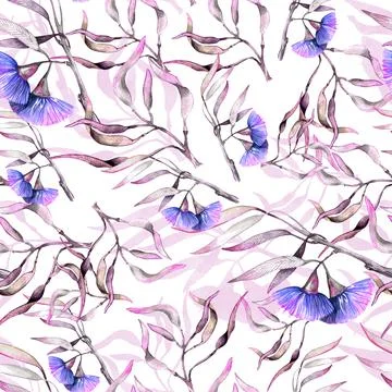 Seamless watercolor pattern with hand drawn pink birds on eucalyptus twigs wi Stock Illustration