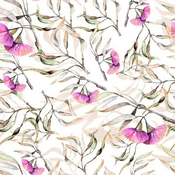 Seamless watercolor pattern with hand drawn pink birds on eucalyptus twigs wi Stock Illustration