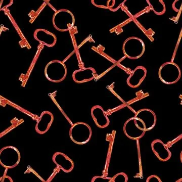 A seamless watercolor pattern with hand drawn golden skeleton keys on a black 스톡 일러스트