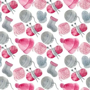 Seamless watercolor pattern. knitting hobby. Stock Illustration