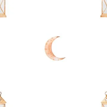 Seamless watercolor pattern lantern, month, stars. beautiful pattern for ramadan Stock Illustration