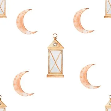 Seamless watercolor pattern lantern, month, stars. beautiful pattern for ramadan Stock-Illustration