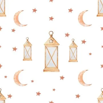 Seamless watercolor pattern lantern, month, stars. beautiful pattern for ramadan Stock Illustration