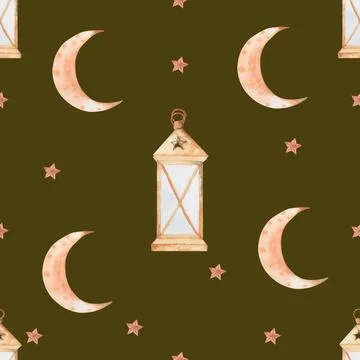 Seamless watercolor pattern lantern, month, stars. beautiful pattern for the Stock Illustration