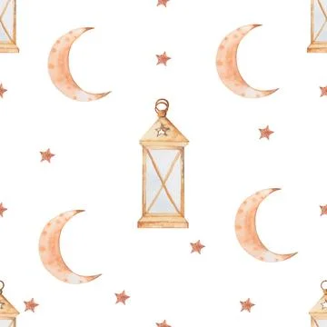 Seamless watercolor pattern lantern, month, stars. beautiful pattern for the Stock Illustration