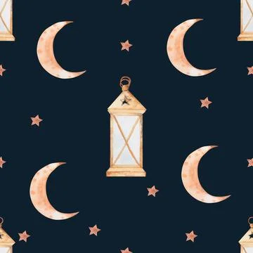 Seamless watercolor pattern lantern, month, stars. beautiful pattern for the Stock Illustration