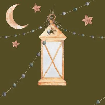 Seamless watercolor pattern lantern, month, stars. beautiful pattern for the Stock Illustration