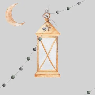 Seamless watercolor pattern lantern, month, stars. beautiful pattern for the Illustrazione stock