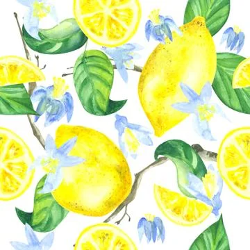 Seamless watercolor pattern of lemons, lemon's slices, flowers and branches i Stock Illustration