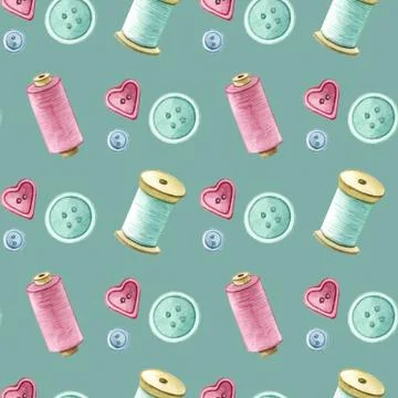 Seamless watercolor pattern. needle, buttons Stock Illustration