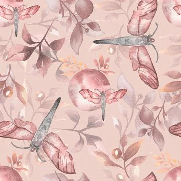 Seamless watercolor pattern with  night moth and floral in trendy neutral c.. Stock Illustration