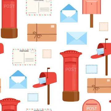Seamless watercolor pattern with open and closed envelopes and red post box on 库存插图