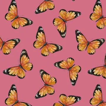 Seamless watercolor pattern of orange monarch butterflies on a pink background Stock Illustration