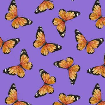 Seamless watercolor pattern of orange monarch butterflies on purple background Stock Illustration