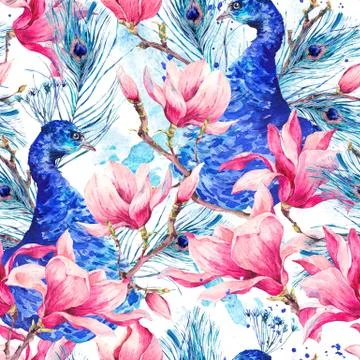 Seamless Watercolor Pattern with Pair of Peacock, Flowers Magnol Stock Illustration