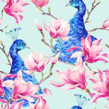 Seamless Watercolor Pattern with Pair of Peacock, Flowers Magnol Stock Illustration