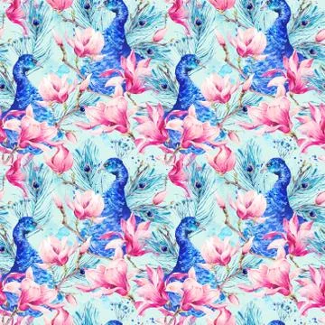 Seamless Watercolor Pattern with Pair of Peacock, Flowers Magnol Stock Illustration