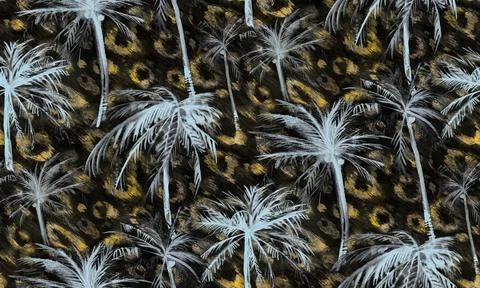 Seamless watercolor pattern with palm trees and leopard Illustrazione stock