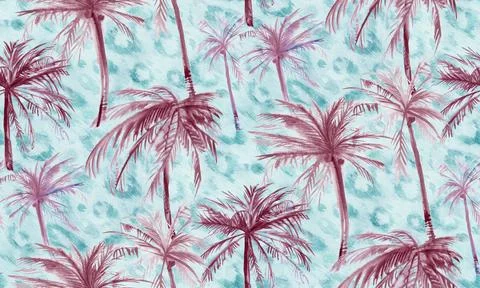 Seamless watercolor pattern with palm trees and leopard Stock Illustration