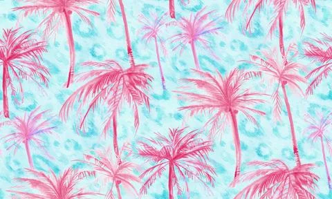 Seamless watercolor pattern with palm trees and leopard Illustrazione stock