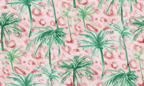 Seamless watercolor pattern with palm trees and leopard Stock Illustration