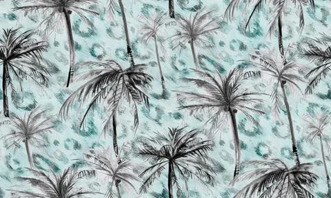 Seamless watercolor pattern with palm trees and leopard Stock Illustration